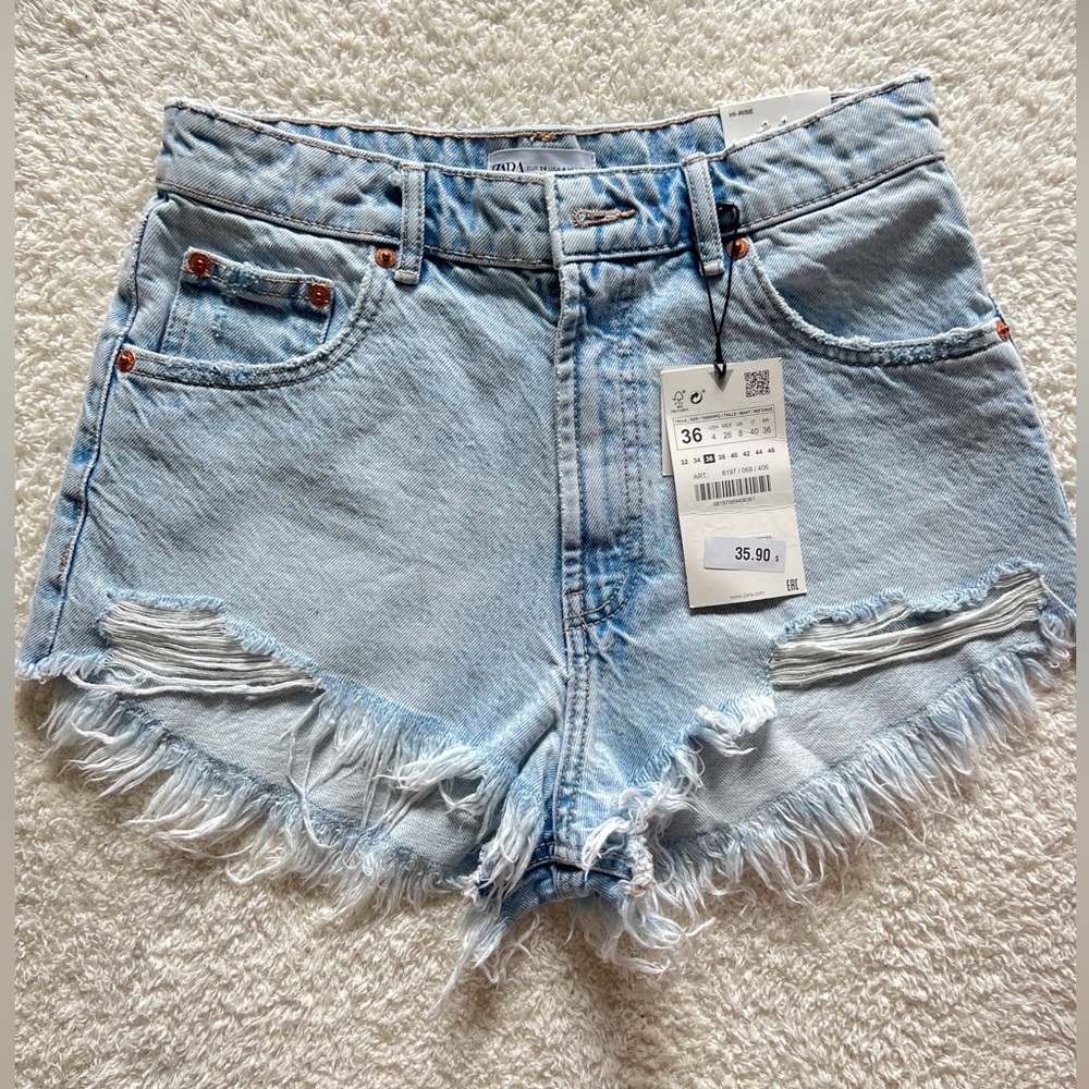 Zara Light Blue Denim Frayed Shorts